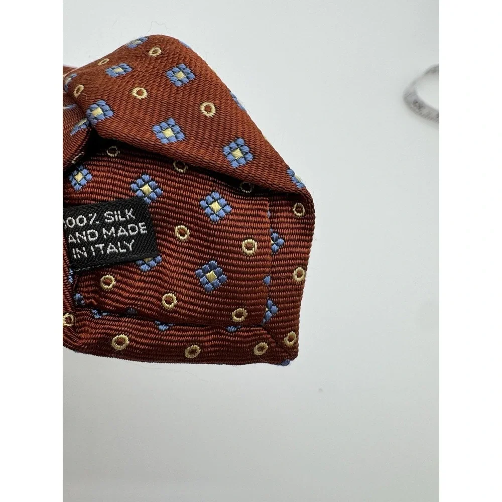 Barneys‎ New York Silk Tie Red Geometric Pattern Blue Gold Squares Made in Italy